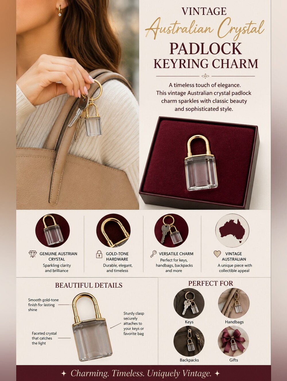 Australian Crystal Padlock Keyring Charm - Gold & Clear
